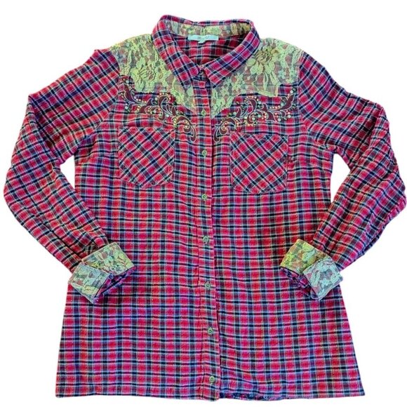 Miss Me Plaid Rhinestone Cross Lace Button Shirt Boho Bling Western Rodeo - Picture 2 of 9